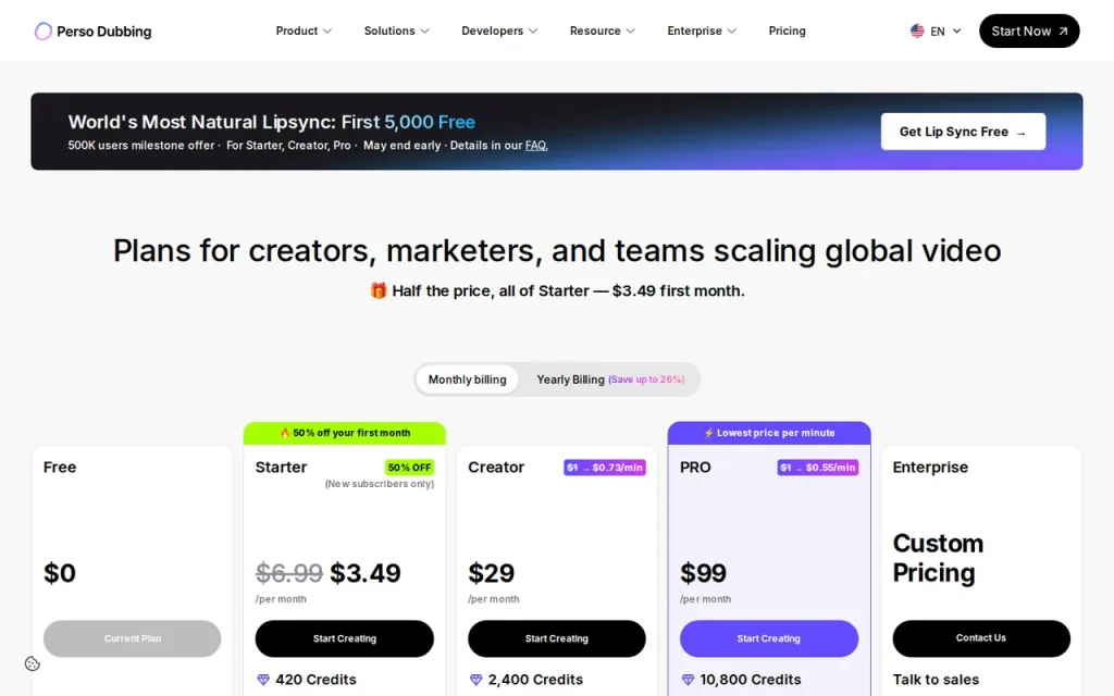 Perso AI pricing page with Free, Starter, Creator, Pro and Enterprise plans