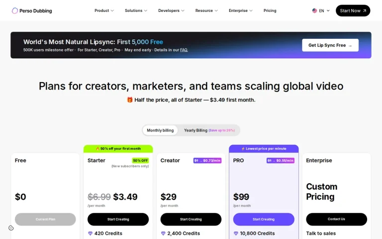 Perso AI pricing page with Free, Starter, Creator, Pro and Enterprise plans