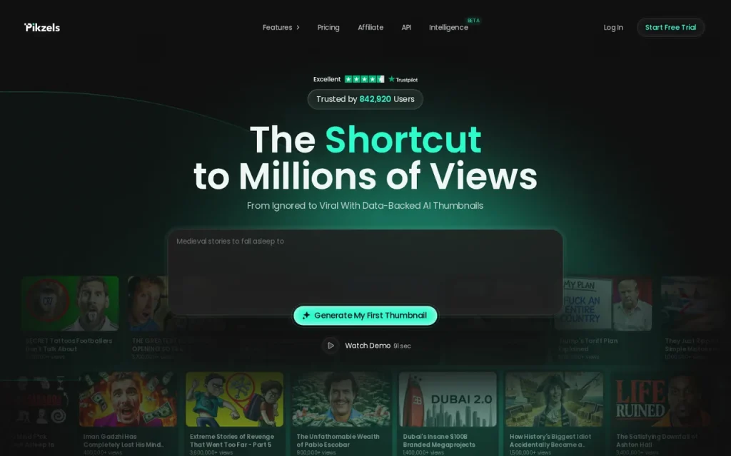 Pikzels homepage screenshot showing the official landing page
