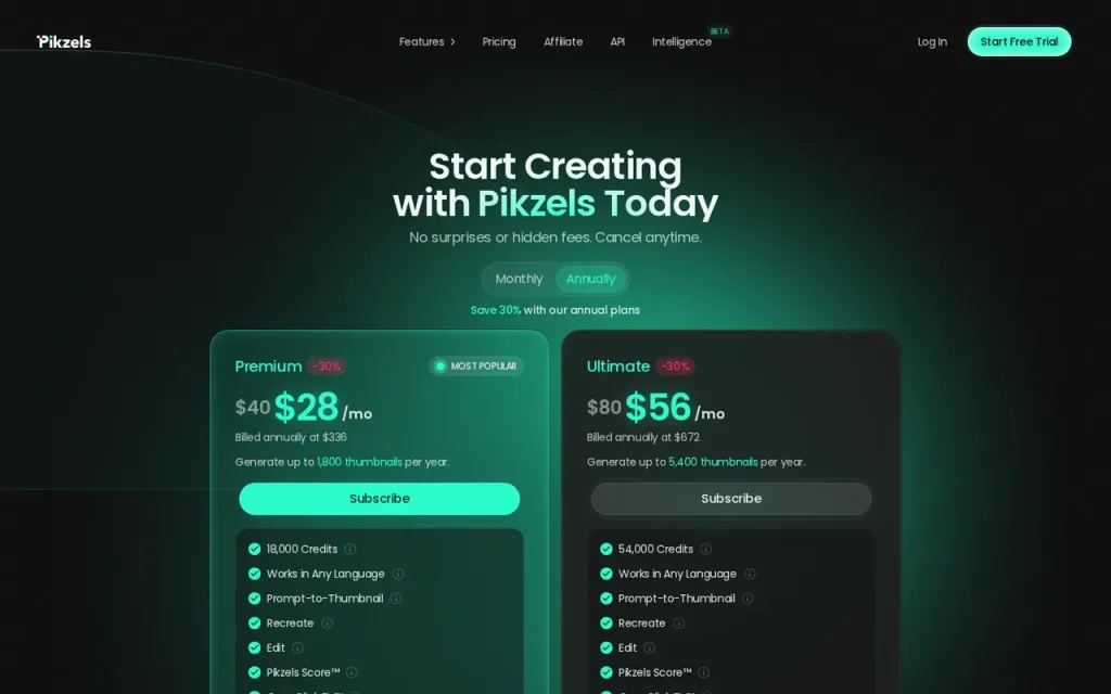 Pikzels official pricing page screenshot with plan names
