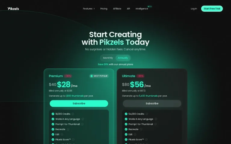 Pikzels official pricing page screenshot with plan names