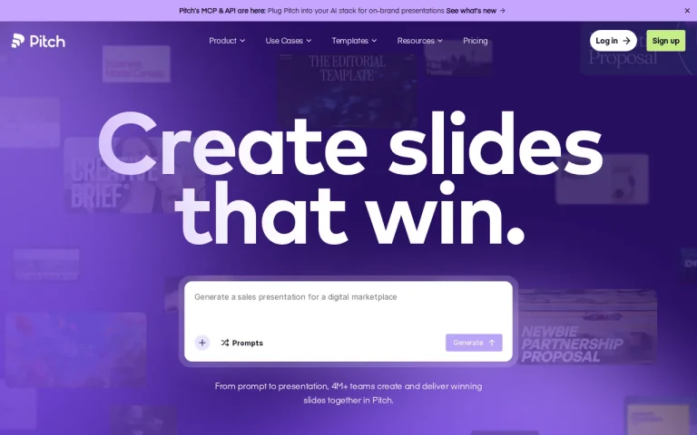 Pitch homepage screenshot showing the official landing page
