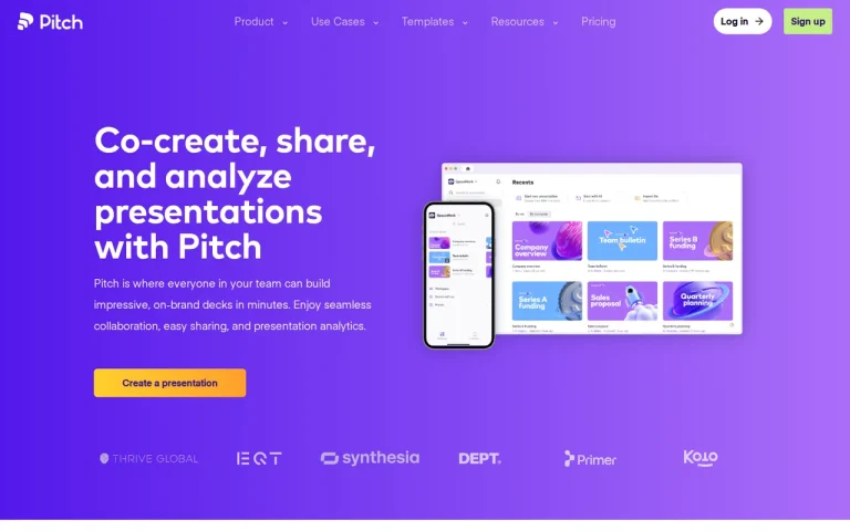 Pitch features page screenshot showing the product interface