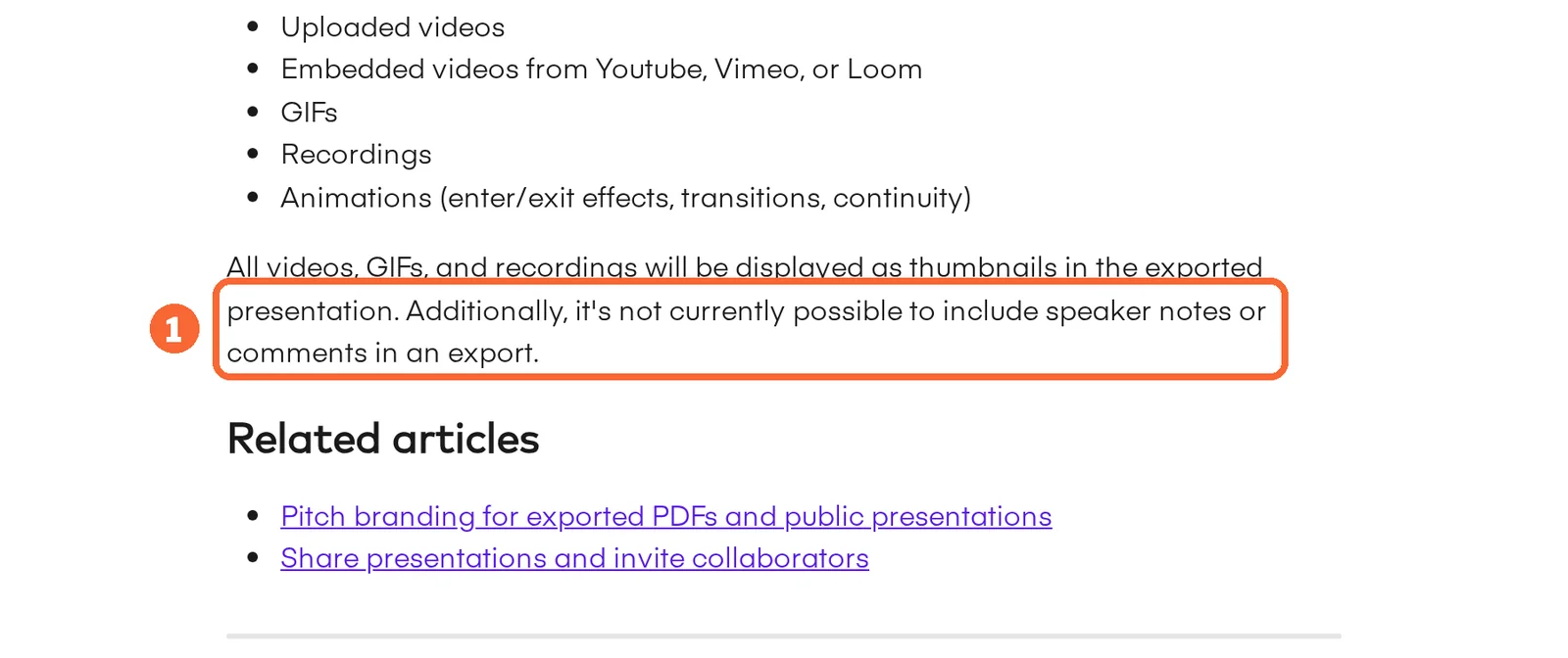 Pitch Help Center PDF export article listing unsupported elements, with the sentence that speaker notes and comments cannot be included marked