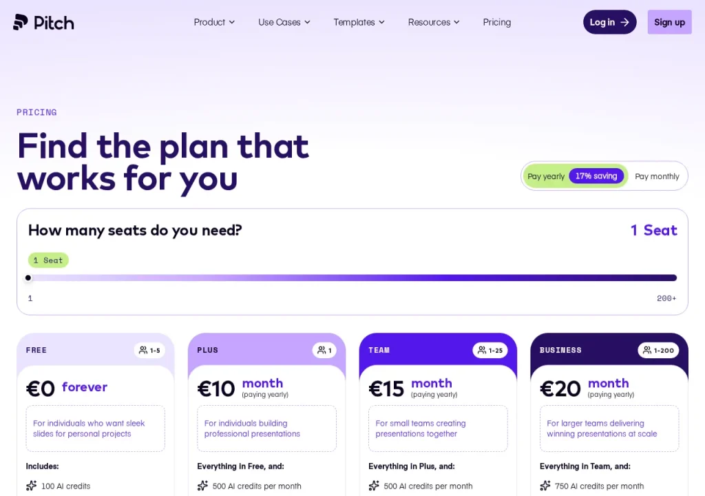 Screenshot of the official Pitch pricing page, September 2026