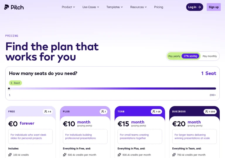 Screenshot of the official Pitch pricing page, September 2026