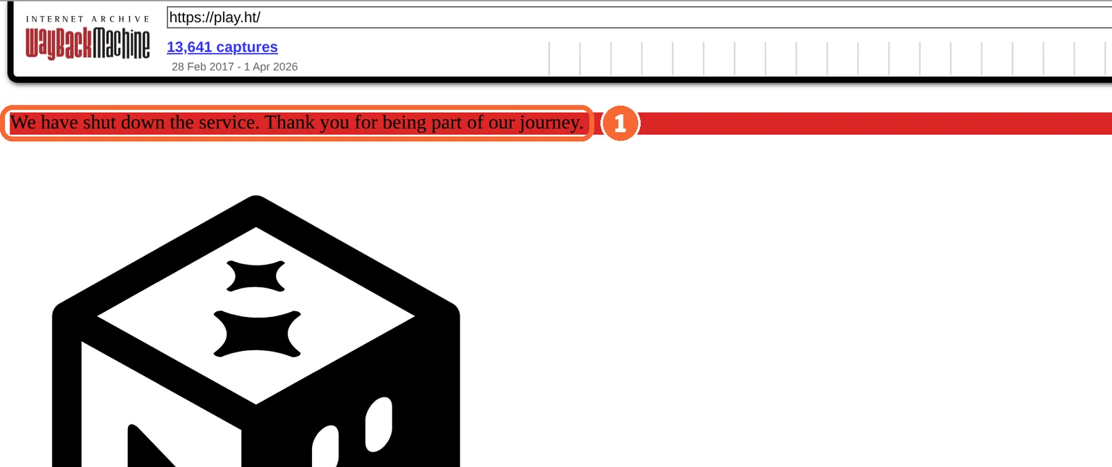Wayback Machine copy of play.ht from 10 March 2026 with the shutdown banner marked