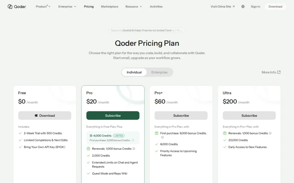Qoder official pricing page screenshot with plan names