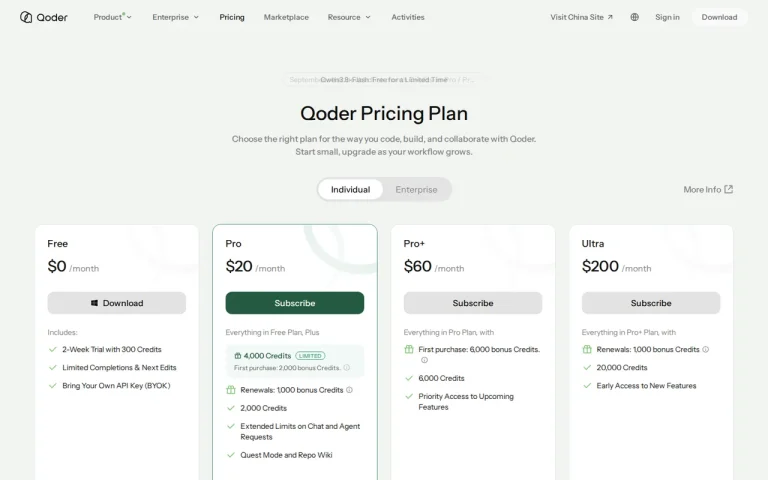 Qoder official pricing page screenshot with plan names