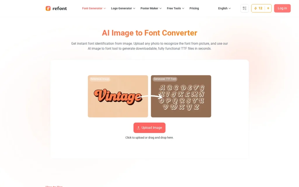 Refont image-to-TTF converter page with a provider sample of lettering turned into a font preview