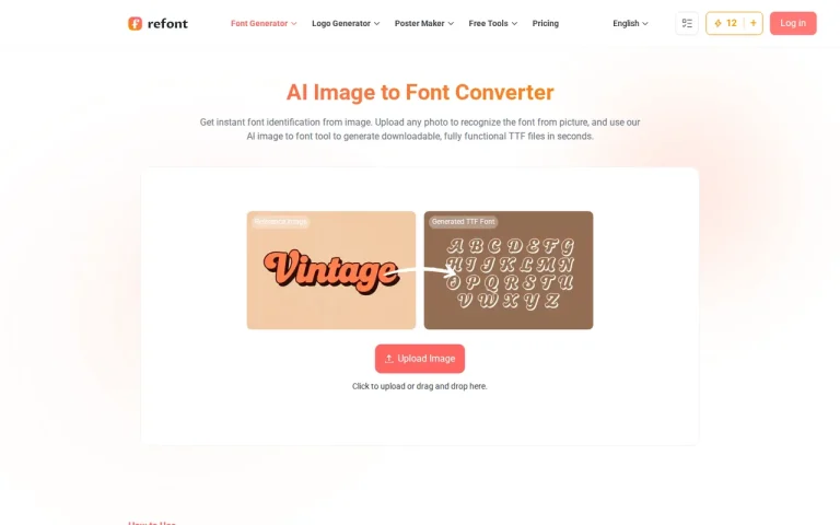 Refont image-to-TTF converter page with a provider sample of lettering turned into a font preview