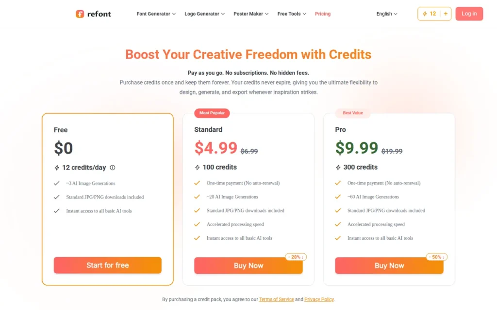 Refont pricing page with free daily credits and one-time Standard and Pro packs