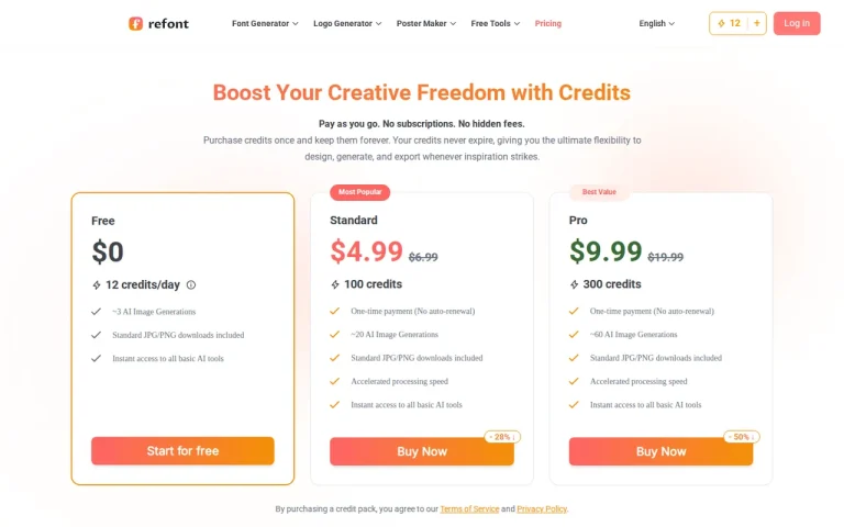 Refont pricing page with free daily credits and one-time Standard and Pro packs