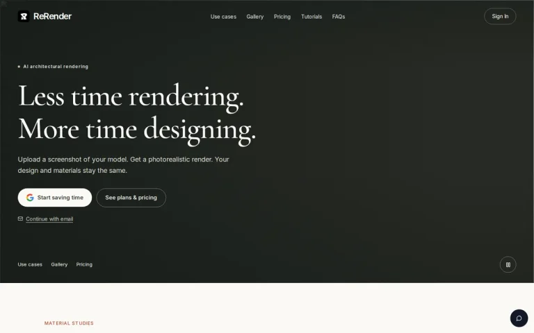 ReRender AI homepage screenshot showing the official landing page