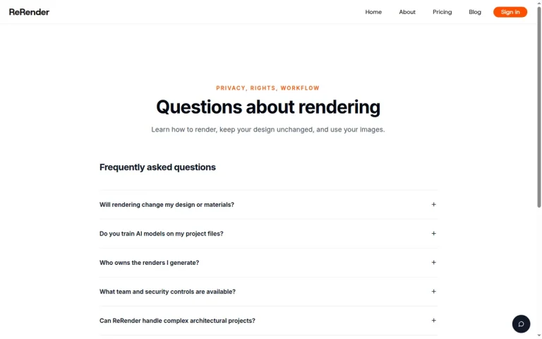 ReRender AI features page screenshot showing the product interface