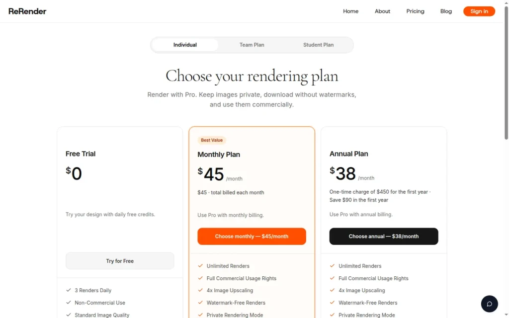 ReRender AI official pricing page screenshot with plan names