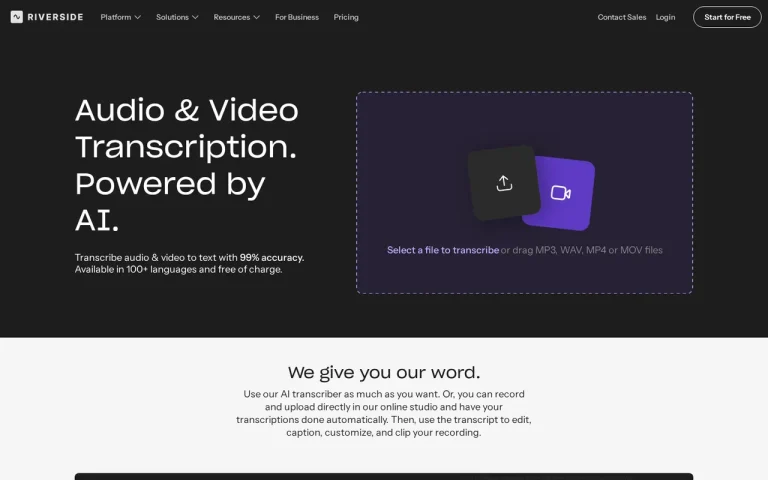 Riverside features page screenshot showing the product interface