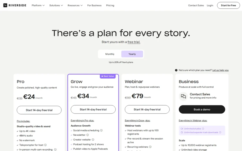 Riverside official pricing page screenshot with plan names