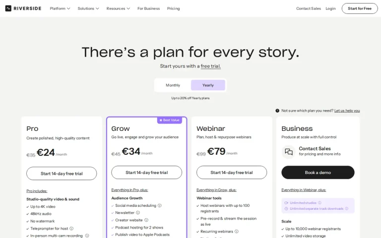 Riverside official pricing page screenshot with plan names