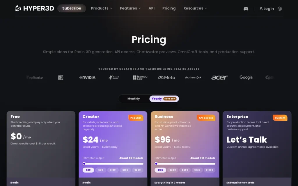 Rodin official pricing page screenshot with plan names