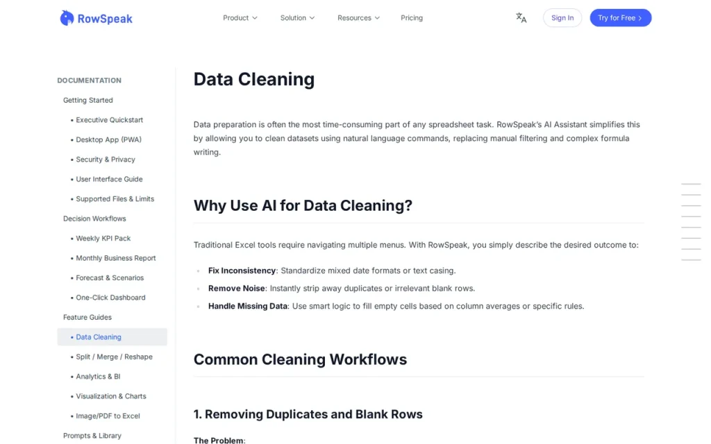 RowSpeak features page screenshot showing the product interface