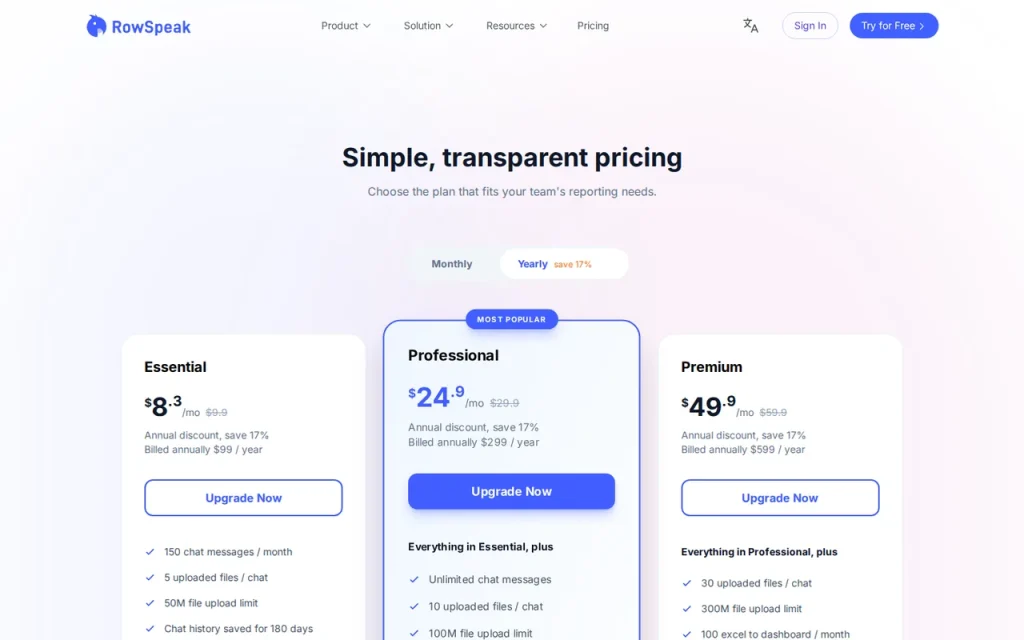 RowSpeak official pricing page screenshot with plan names