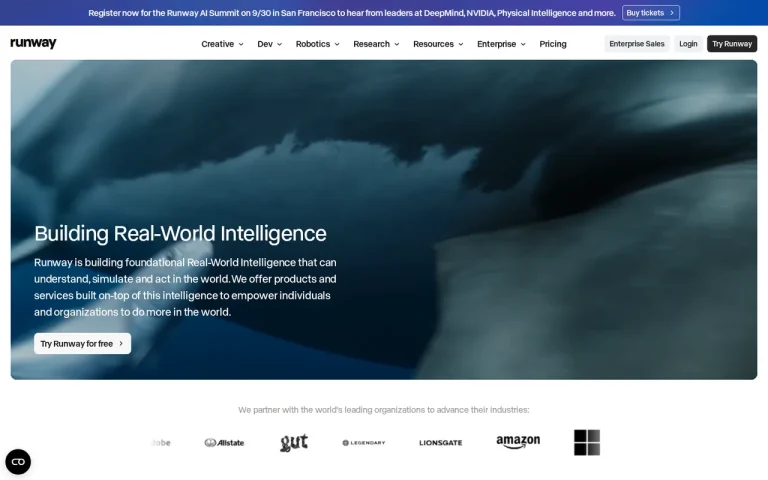 Runway homepage screenshot showing the official landing page