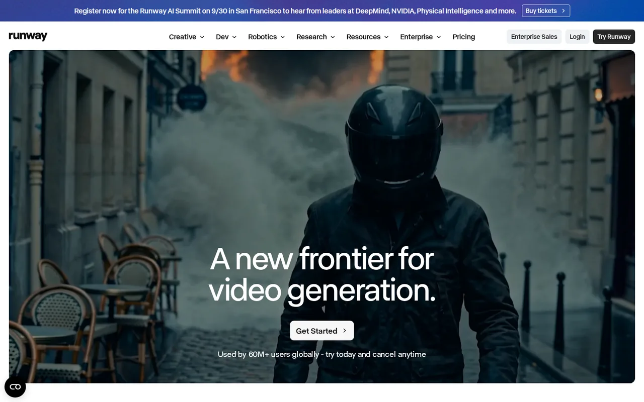 Runway official features page showing the product interface