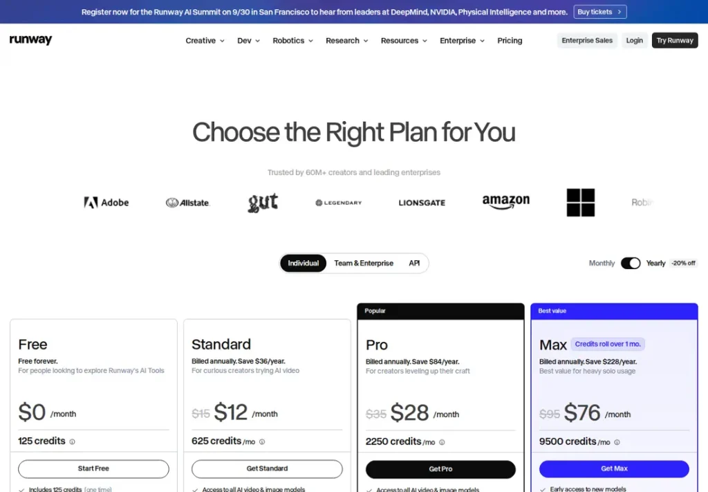 Screenshot of the official Runway pricing page, September 2026