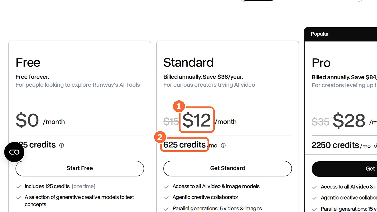 Runway pricing page Standard plan card with the annual price and 625 credits marked
