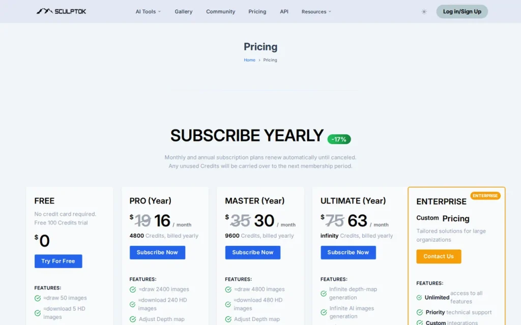 Sculptok official pricing page screenshot with plan names