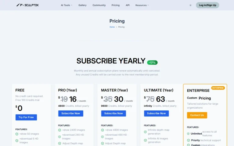 Sculptok official pricing page screenshot with plan names
