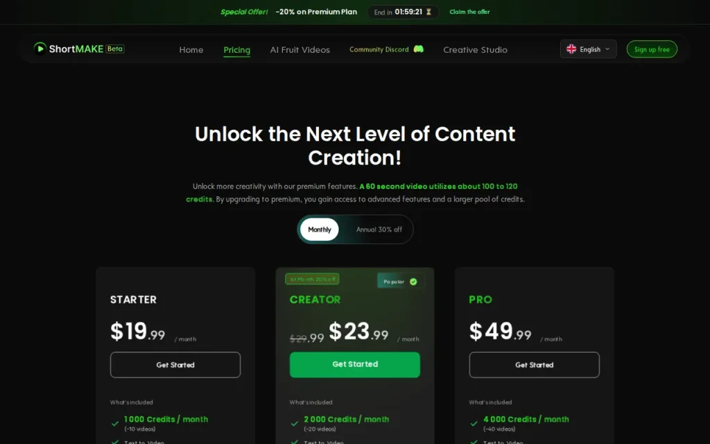 ShortMake official pricing page screenshot with plan names