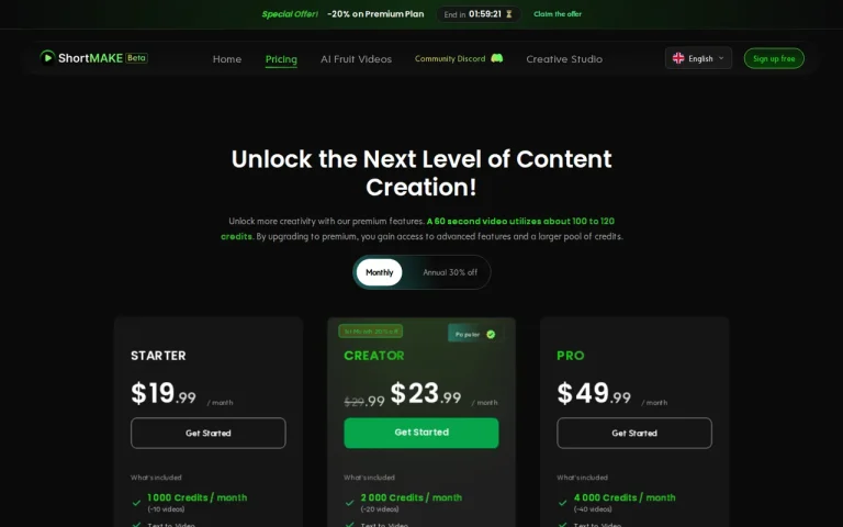 ShortMake official pricing page screenshot with plan names