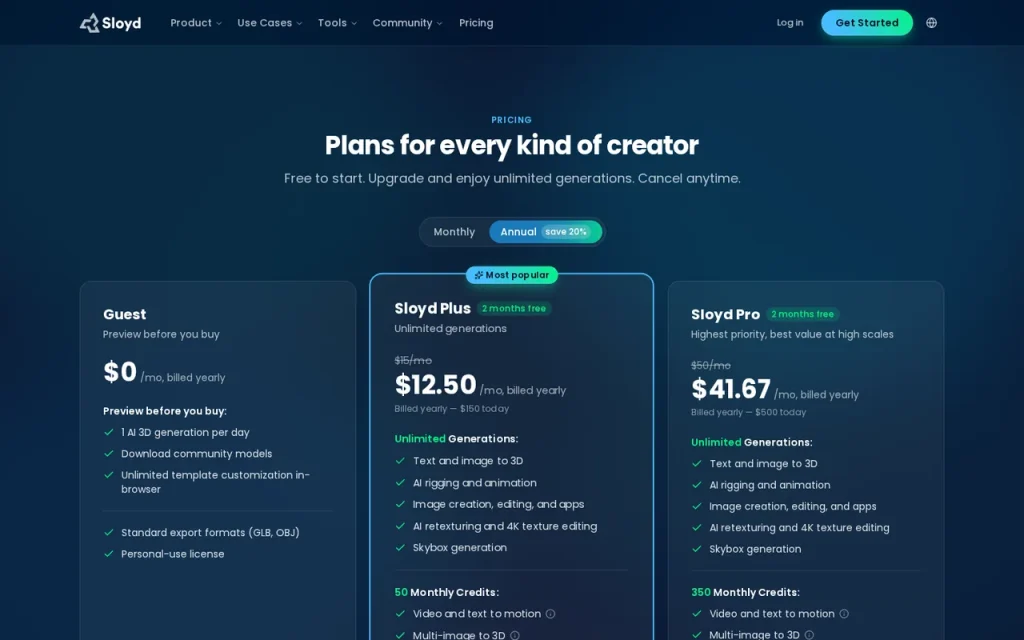 Sloyd official pricing page screenshot with plan names