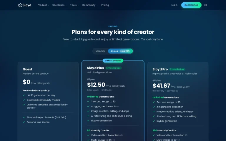 Sloyd official pricing page screenshot with plan names