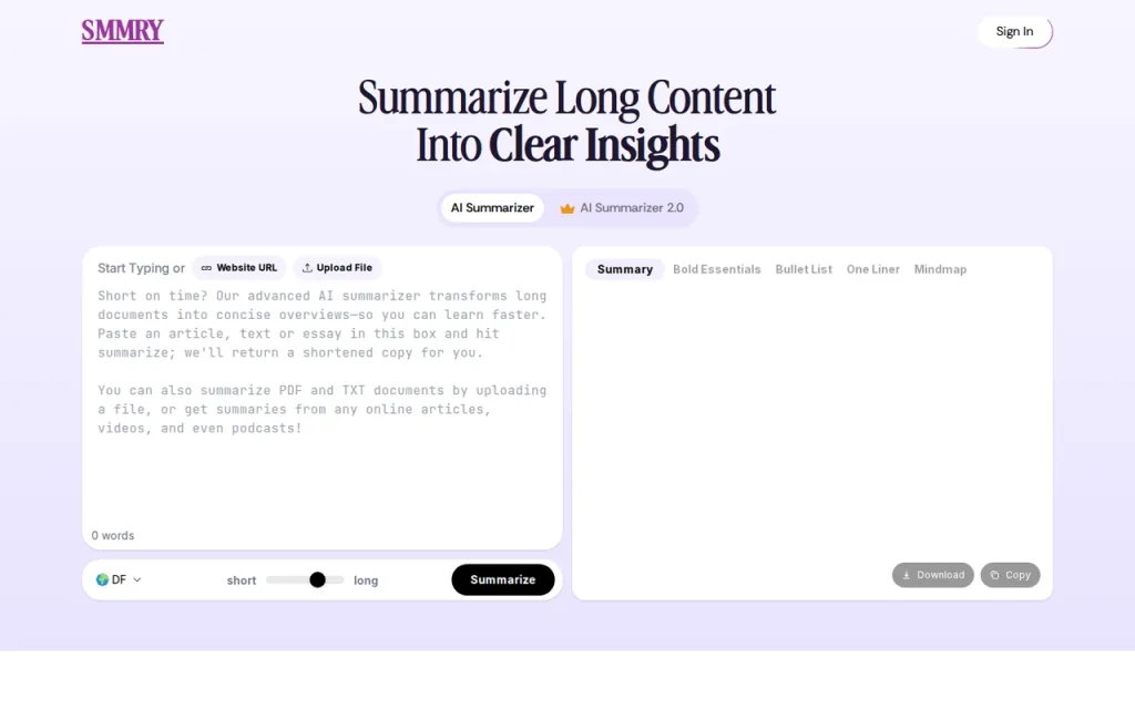 SMMRY homepage screenshot showing the official landing page