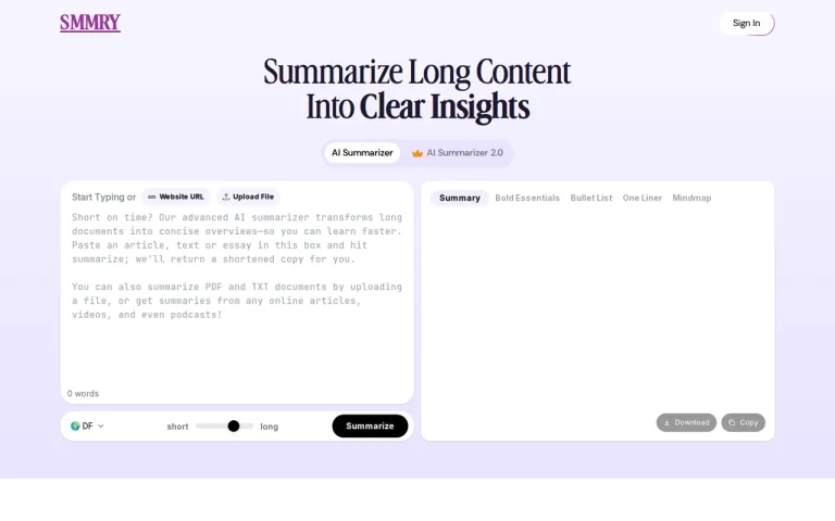SMMRY homepage screenshot showing the official landing page