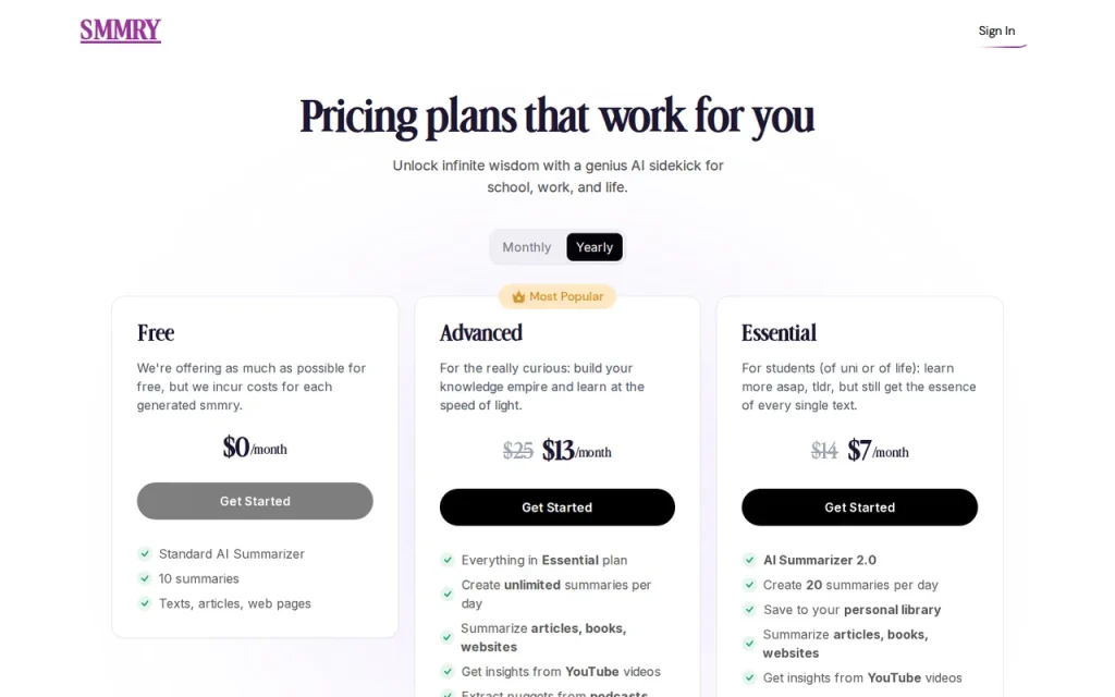 SMMRY official pricing page screenshot with plan names