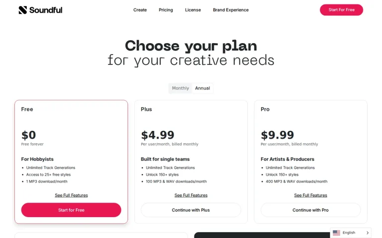 Soundful official pricing page screenshot with plan names