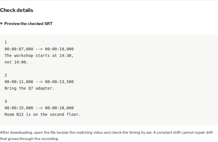 Local SRT checker preview with synthetic subtitle cues shifted five seconds later