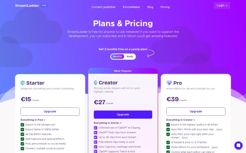 StreamLadder official pricing page screenshot with plan names
