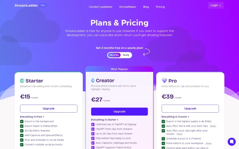 StreamLadder official pricing page screenshot with plan names