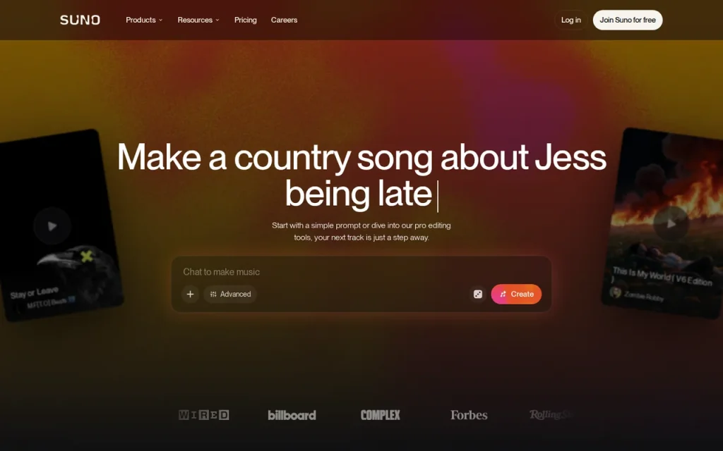 Suno homepage screenshot showing the official landing page