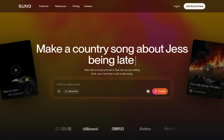 Suno homepage screenshot showing the official landing page