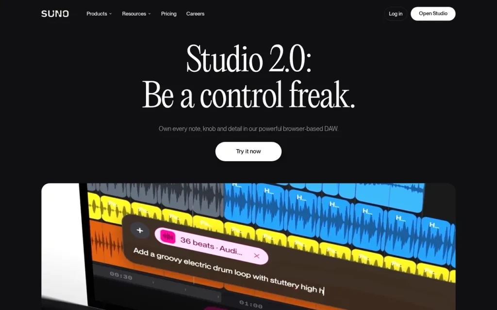 Suno features page screenshot showing the product interface