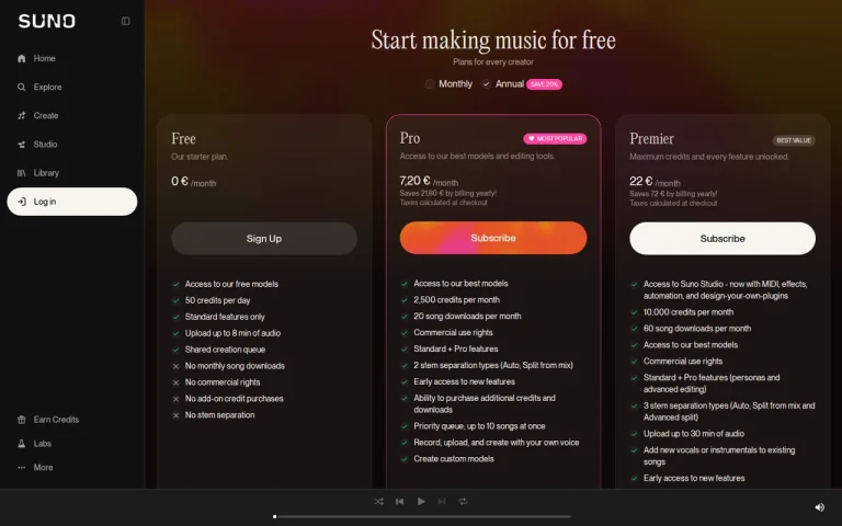 Suno official pricing page screenshot with plan names