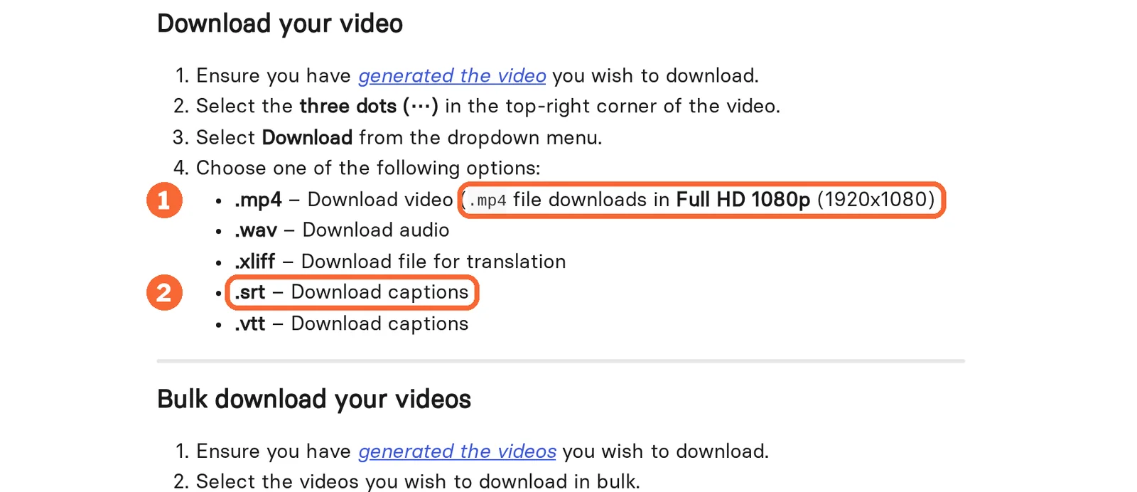 Synthesia Help Center download options with the 1080p MP4 and SRT caption formats marked