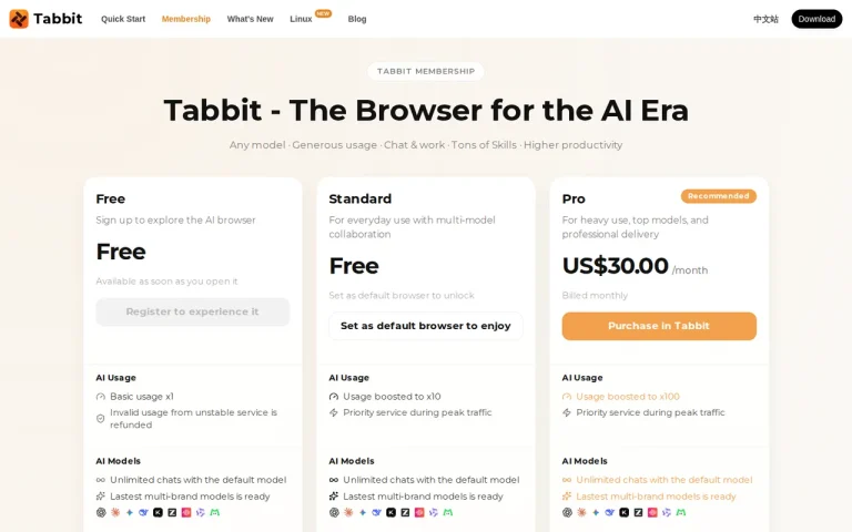 Tabbit official pricing page screenshot with plan names