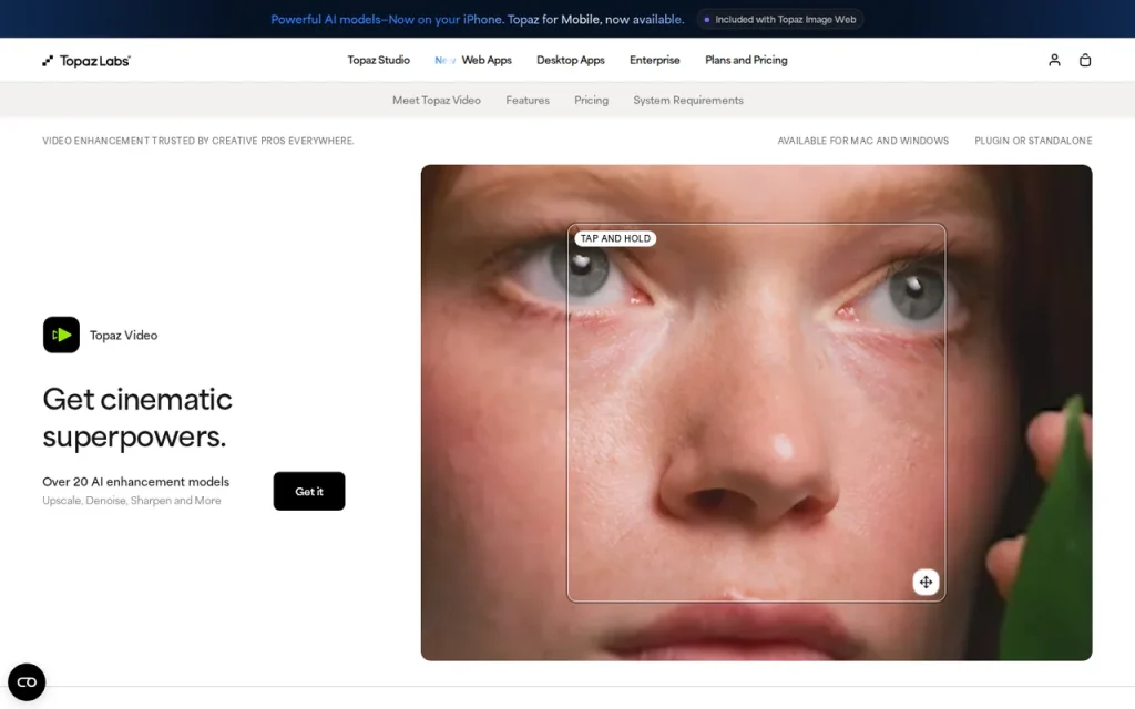 Topaz Video homepage screenshot showing the official landing page